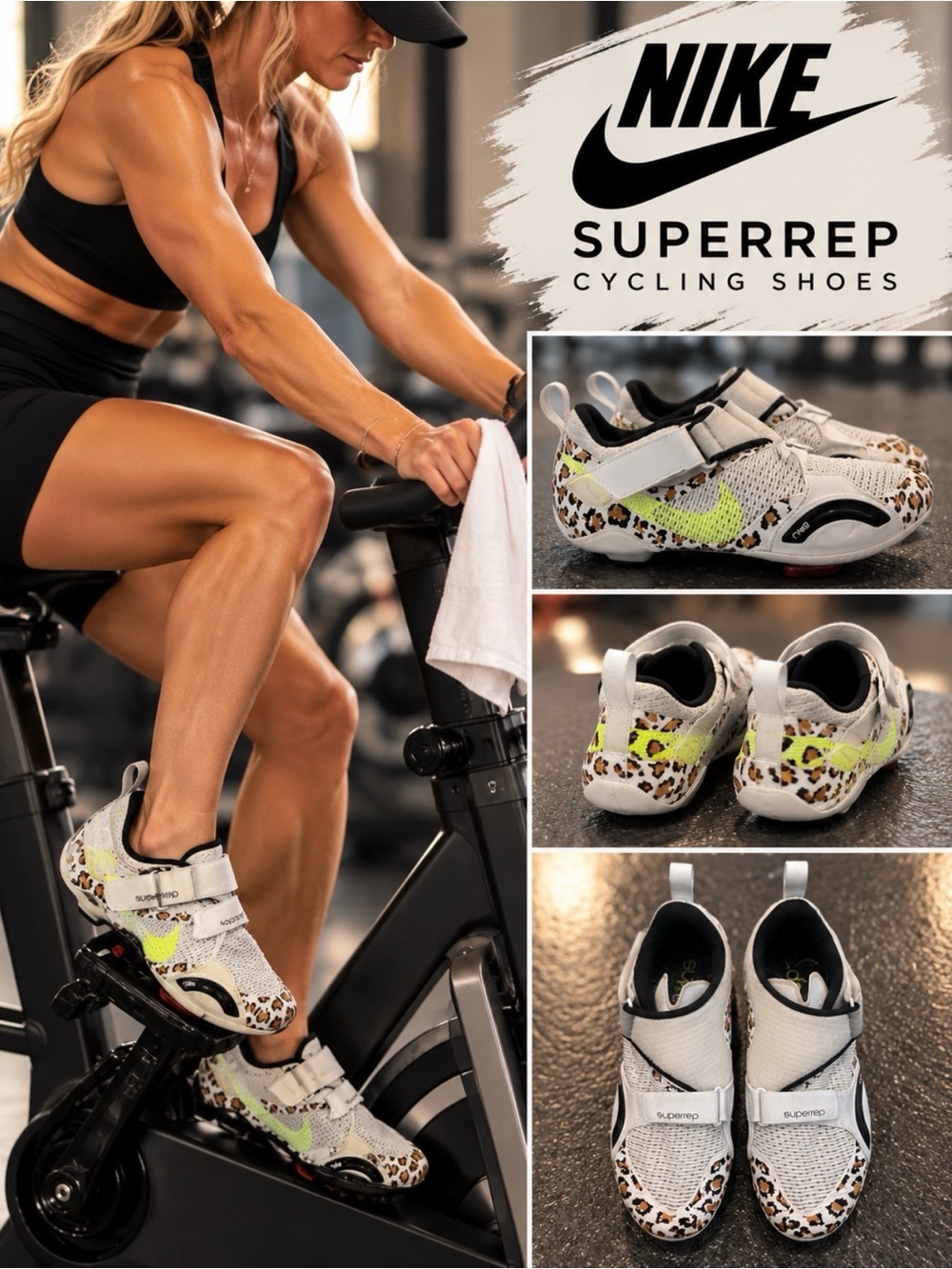 NEW Nike Superrep Spinning Shoe with Neon Swoosh and Leopard colorway